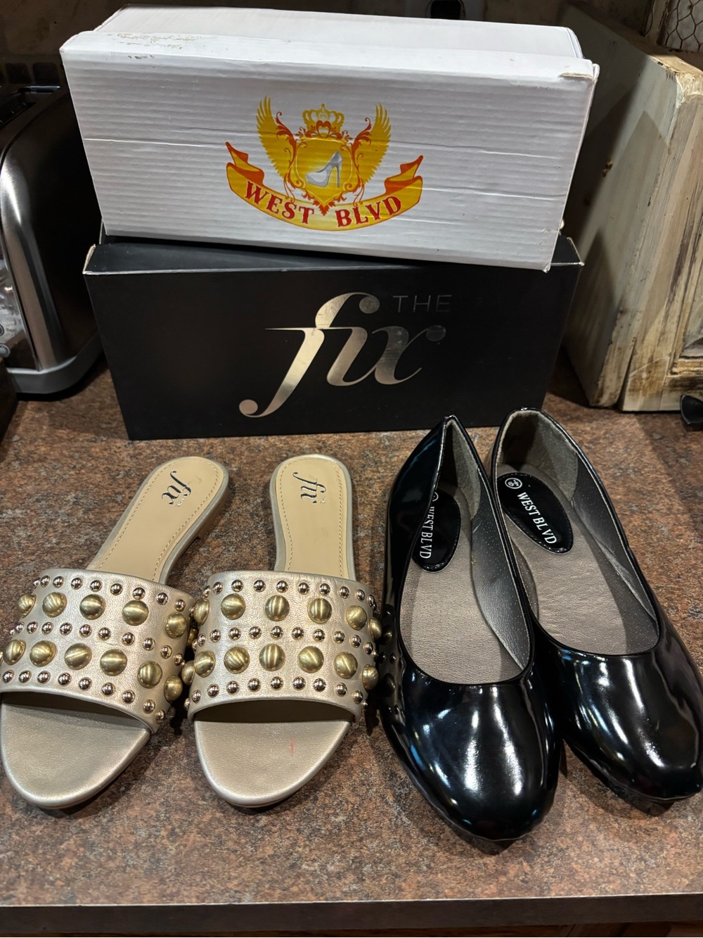 West Blvd Black Patent Ballet Flats with Gold Studded Cream Slide Sandals